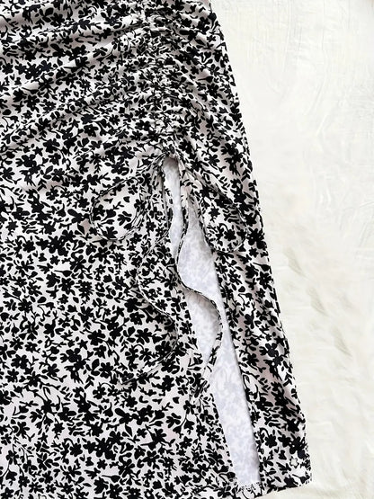 Falda de cintura alta con cordón y estampado floral para mujer - Estilo elegante de largo medio
