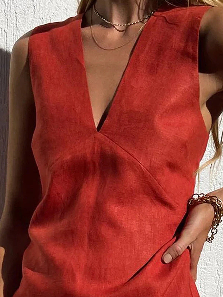 Summer Women Casual Solid Color V-Neck Dress
