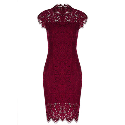 Women Fashion Sexy Solid Color Lace Short-Sleeve Dress