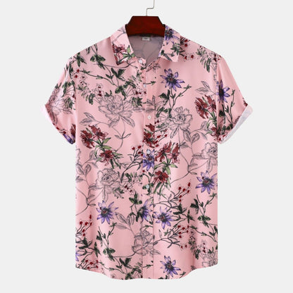 Men Summer Leisure Vacation 3D Tiny Flower Print Short Sleeve Lapel Shirt