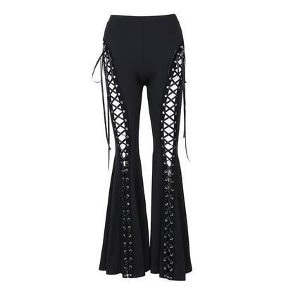 Women Fashion Sexy Gothic Hollow-Out Lace-Up Flared Pants