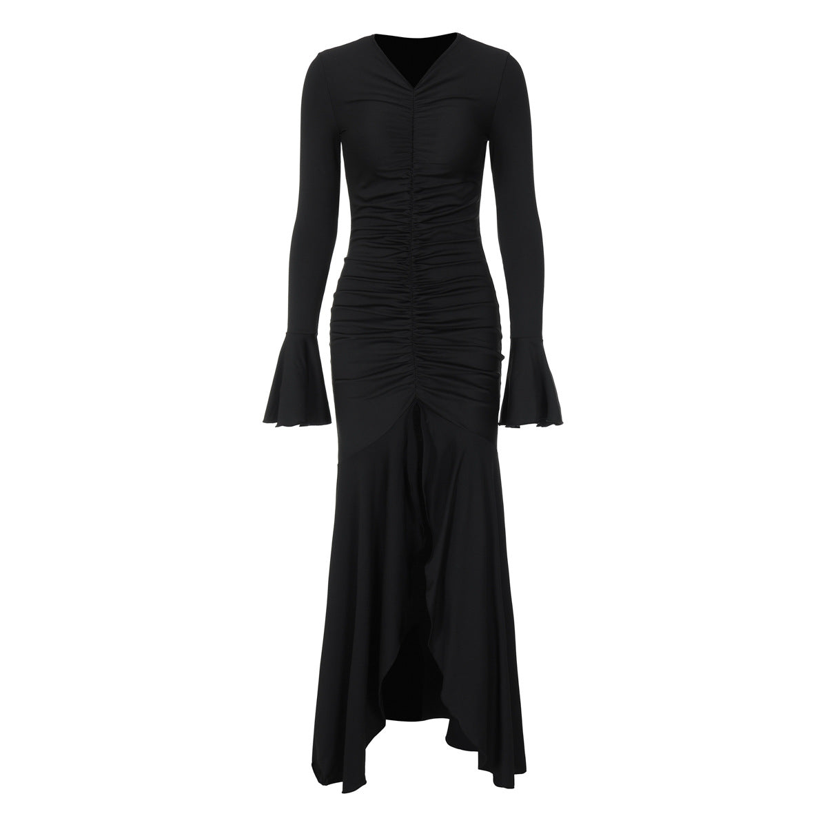 Vestido largo fruncido con escote en V y color liso para mujer