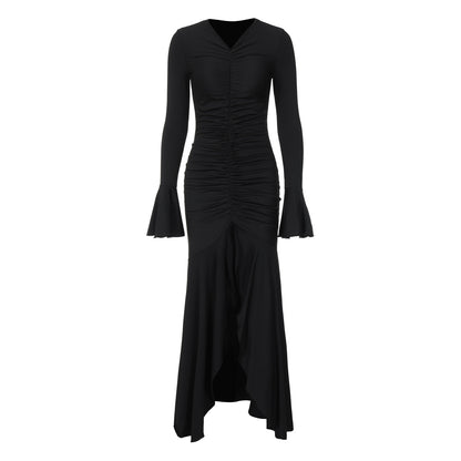 Vestido largo fruncido con escote en V y color liso para mujer