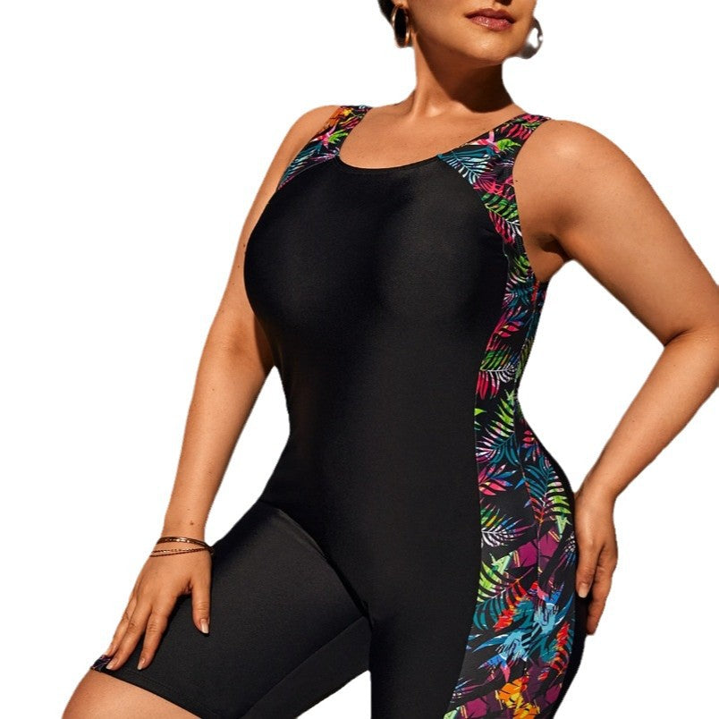Traje de baño deportivo de una pieza sin mangas con costuras estampadas a la moda para mujer, talla grande