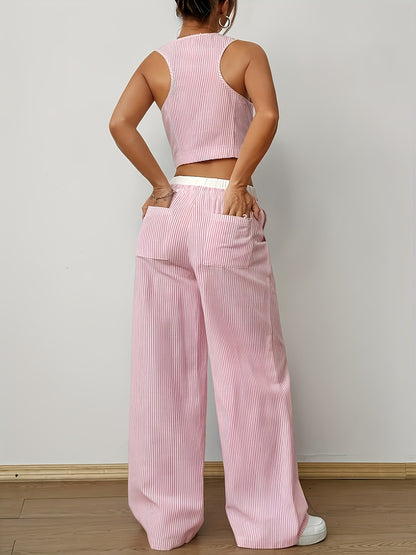 Conjunto de dos piezas con estampado de rayas para mujer, sin mangas, cuello en V y pierna ancha