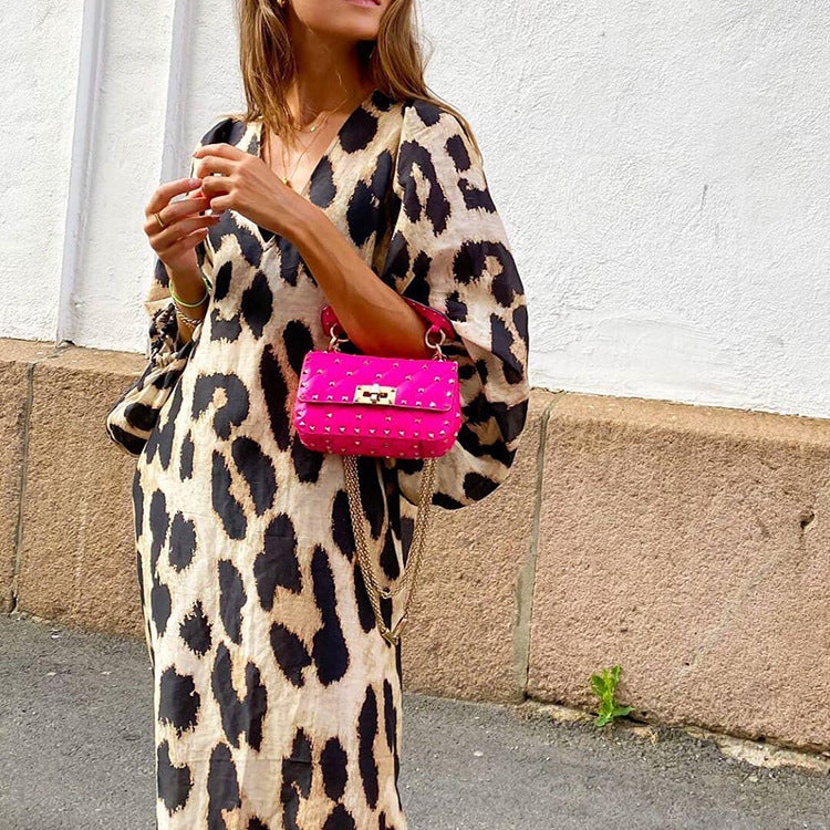 Vestido informal de leopardo con cuello en V y mangas abullonadas para mujer