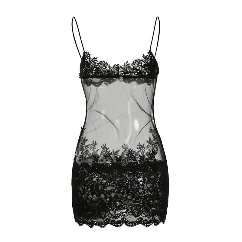 Vestido ajustado de espagueti con costuras de encaje de malla sexy para mujer