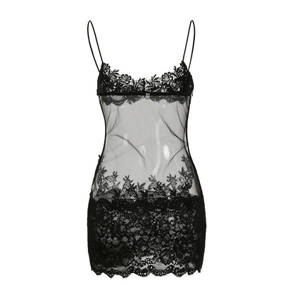 Vestido ajustado de espagueti con costuras de encaje de malla sexy para mujer