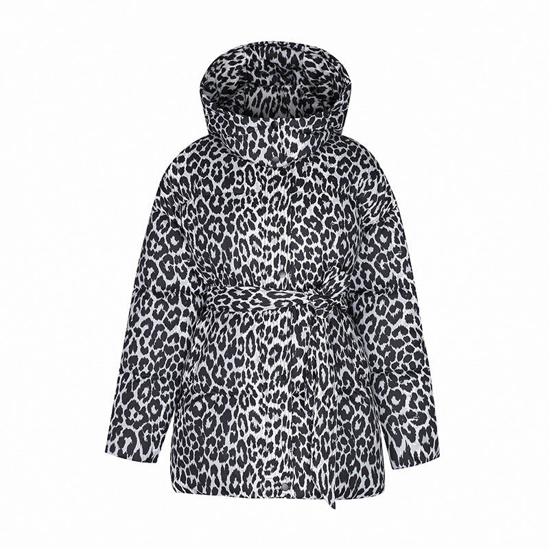 Abrigo de invierno de longitud media para mujer, acolchado de algodón, con cordones y estampado de leopardo.