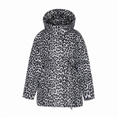 Abrigo de invierno de longitud media para mujer, acolchado de algodón, con cordones y estampado de leopardo.