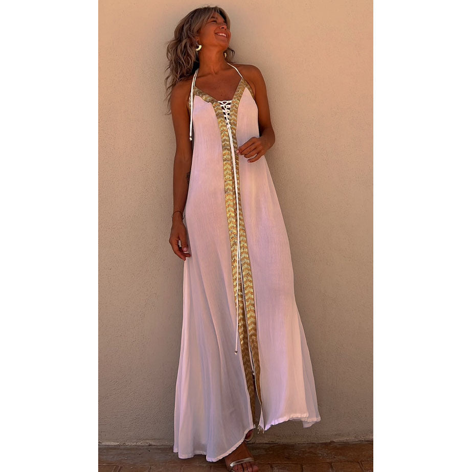 Vestido largo informal de verano con cuello halter y mangas abullonadas para primavera y verano