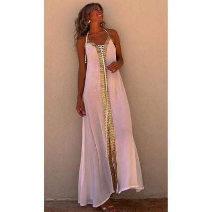Vestido largo informal de verano con cuello halter y mangas abullonadas para primavera y verano