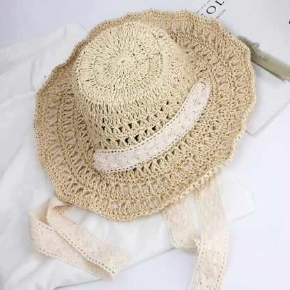 Sombrero de paja tejido con correa de encaje para mujer