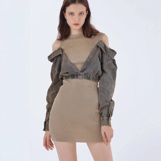 Vestido de manga larga con costuras vaqueras creativas a la moda para mujer