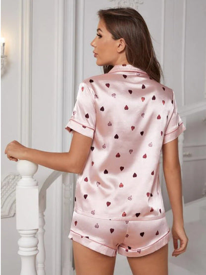 Women Cozy Homewear Short-Sleeved Imitation Silk Satin Pajamas