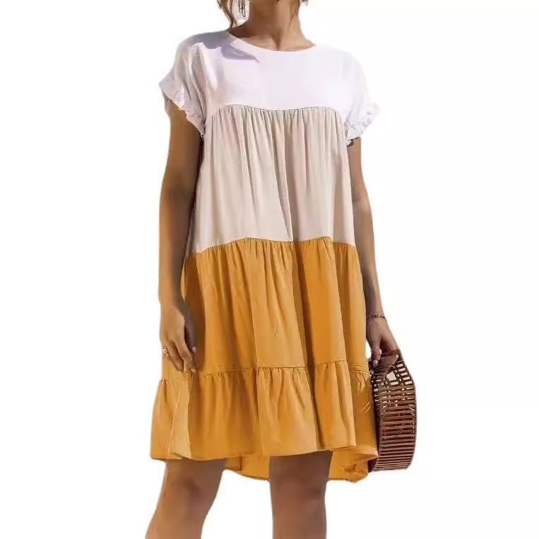 Women Fashion Casual Color Block Round Neck Dress