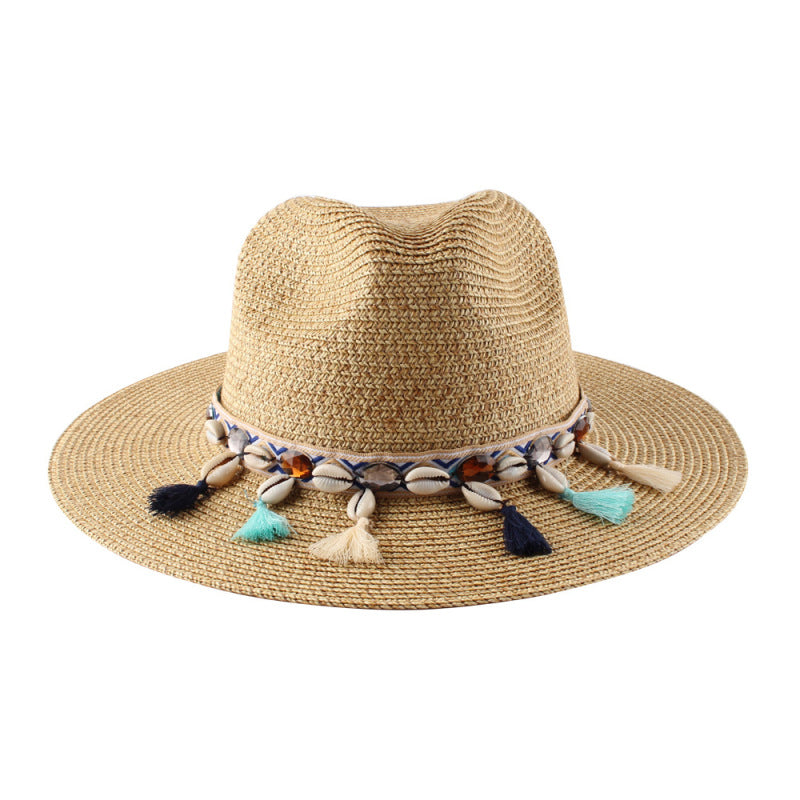 Sombrero bohemio de paja tejida de verano para mujer con borlas
