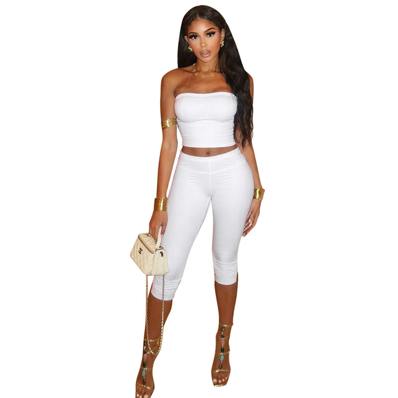 Conjunto de dos piezas sexy sin tirantes de color sólido para mujer con pantalones cortos y top