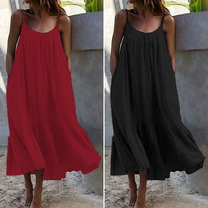 Vestido lencero holgado con volantes de color liso, estilo bohemio e informal para mujer