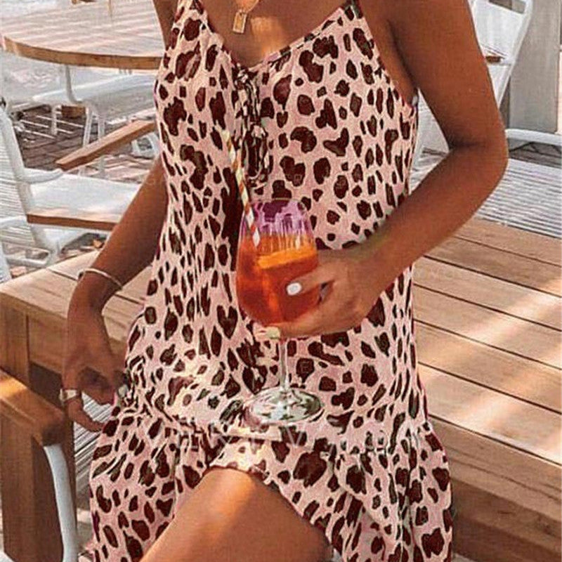 Women Casual Sexy Leopard Print Summer Loose Bohemian Mini Dress