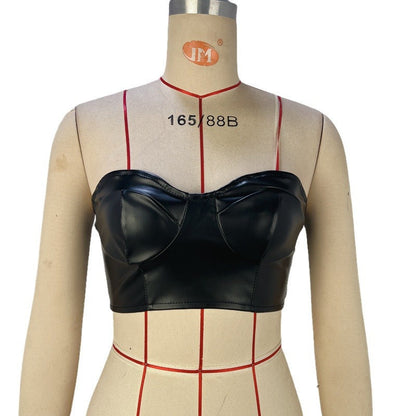 Top sexy sin tirantes de PU de color sólido para mujer