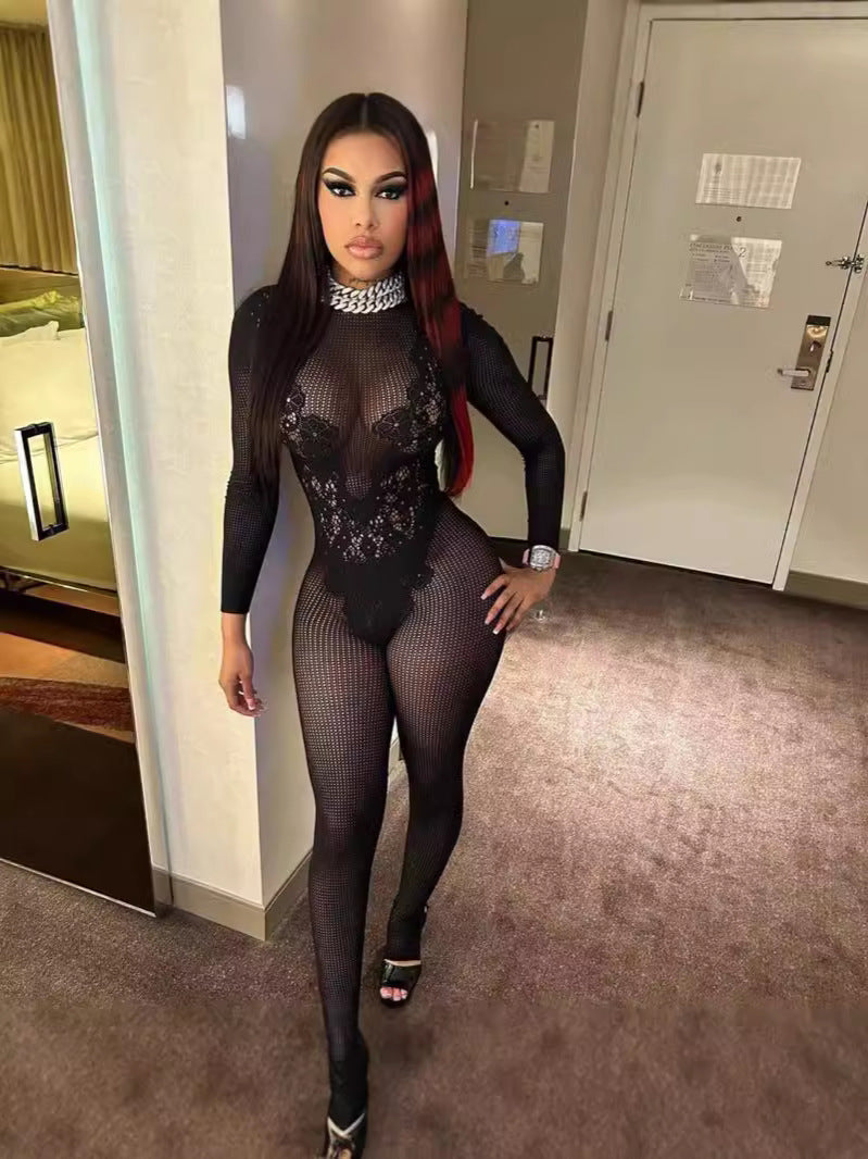 Women Crewneck Slim-Fit Sexy Long Sleeve Lace Mesh Jumpsuits