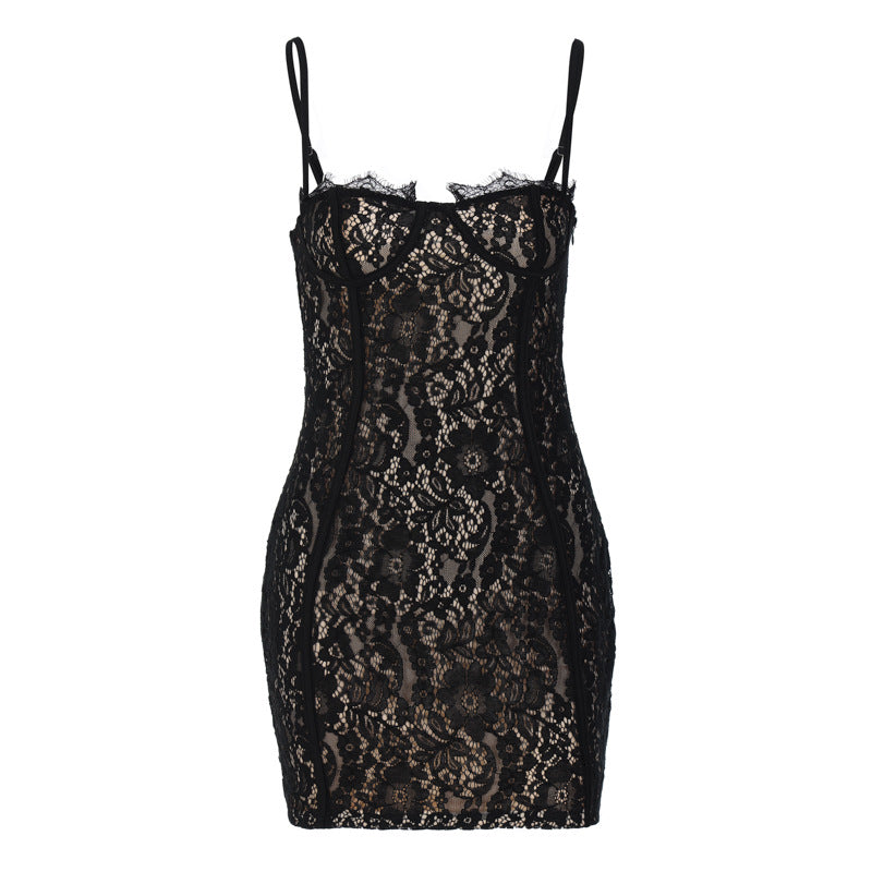 Women Fashion Sexy Solid Color Lace Spaghetti Strap Dress