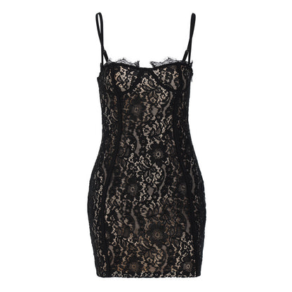Women Fashion Sexy Solid Color Lace Spaghetti Strap Dress