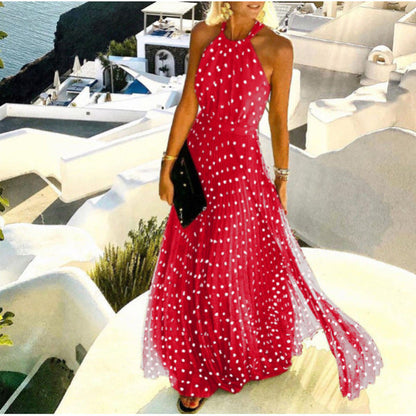 Women Fashion Casual Boho Polka Dot Printing Sleeveless Maxi Dress
