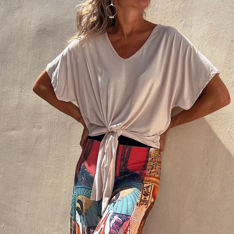 Women Fashion Casual Solid Color Irregular Knotted Hem V Neck Blank T-Shirt