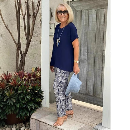 Conjunto de top y pantalón estampado de manga corta informal para mujer