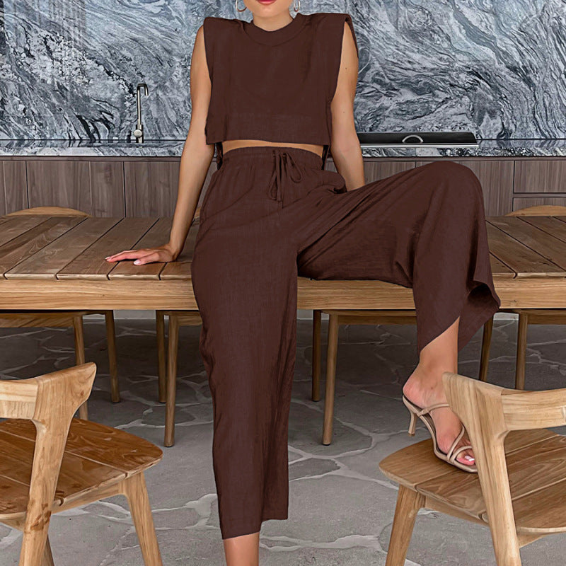 Conjunto de lino y algodón de color liso a la moda informal para mujer