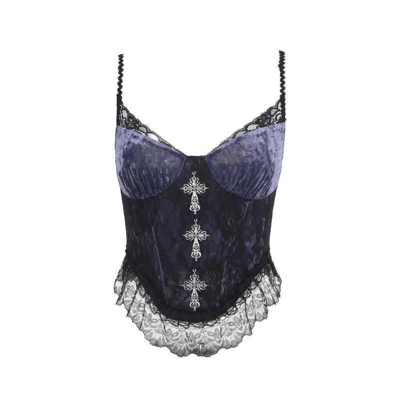 Haut caraco sexy et élégant en dentelle gothique avec pendentif en croix