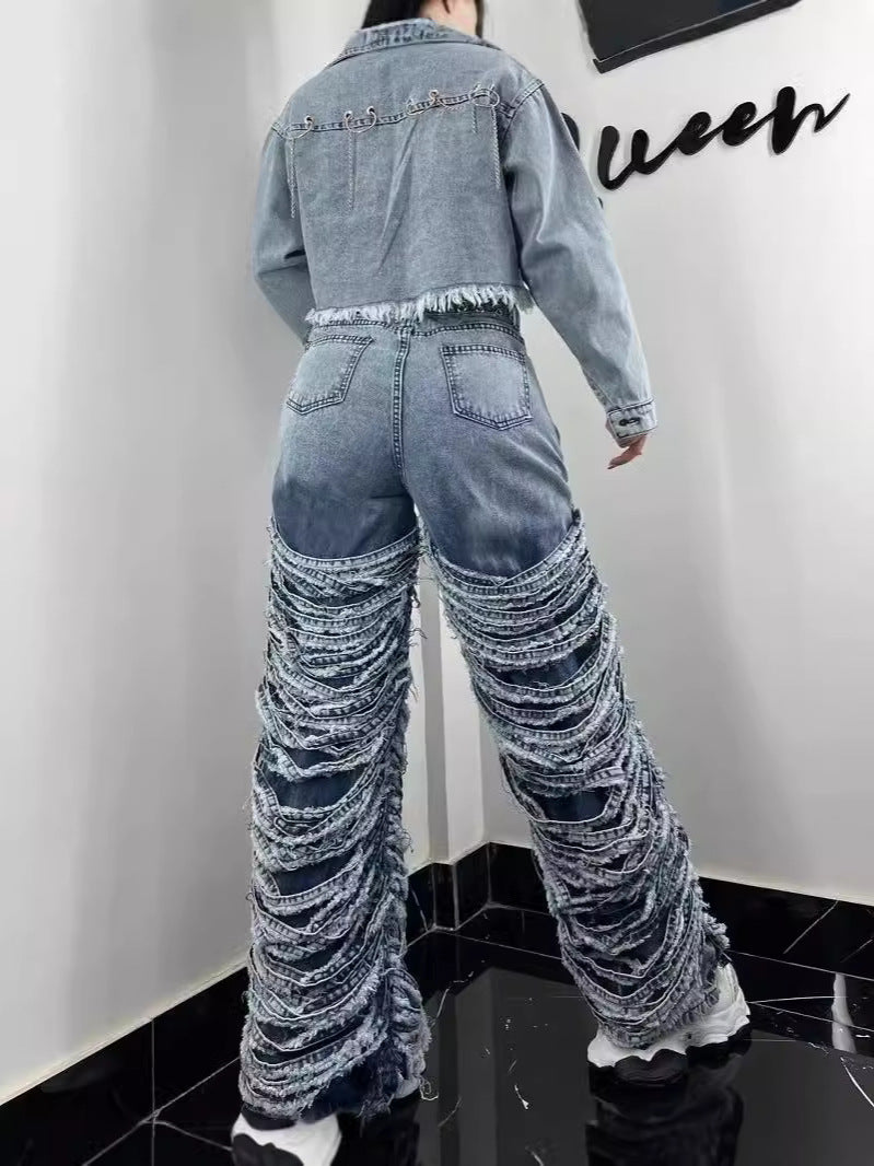 Women Fashion Edge Ripped Jeans Dark Blue Straight Leg Pants