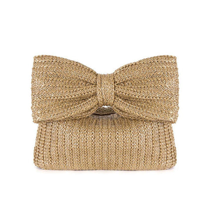 Women Summer Vacation Bow Straw Woven Handbag