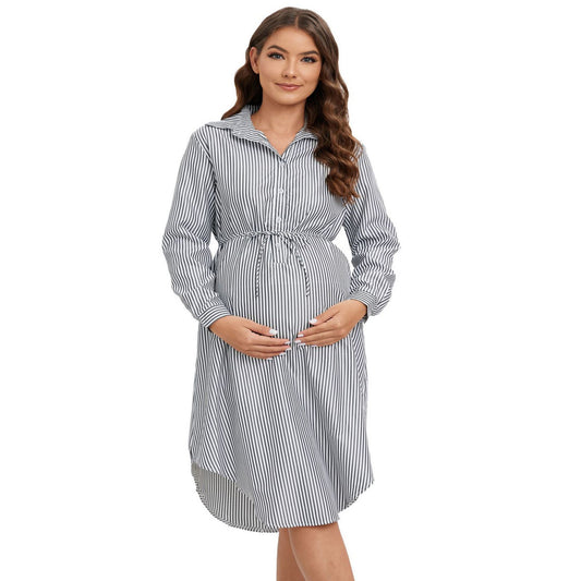 Casual Stripe Lapel Long Sleeve Dress for Moms