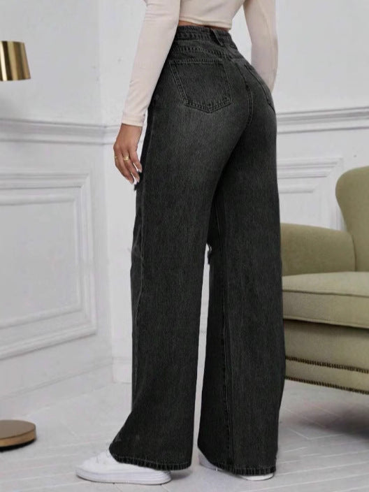 Women Casual Ripped Mid-Waist Wide Leg Jeans