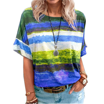 Camiseta informal de manga corta con estampado multicolor de mezcla de algodón para mujer