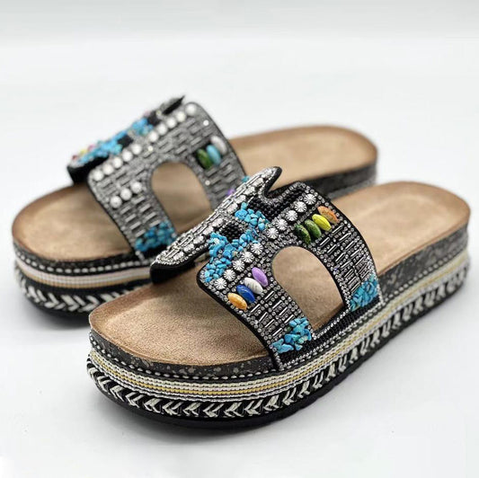Pantuflas informales tejidas con diamantes de imitación a la moda para mujer
