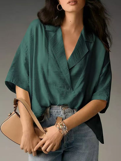 Blusa informal holgada de manga corta con solapa de color liso para mujer en poliéster