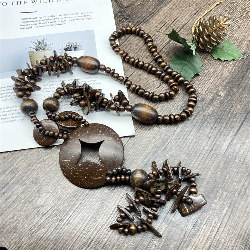Unisex Bohemian Coir Wood Beaded Lariat Necklace