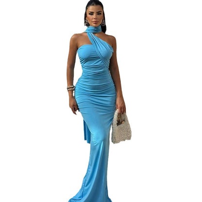 Women Elegant Solid Color Neck Bodycon Maxi Dress