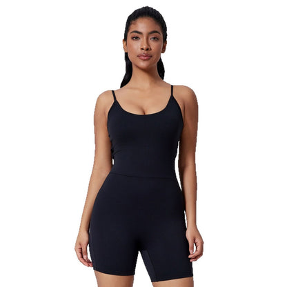 Women Solid Color Sleeveless Yoga Romper Nylon Slim-Fit Sports Jumpsuit