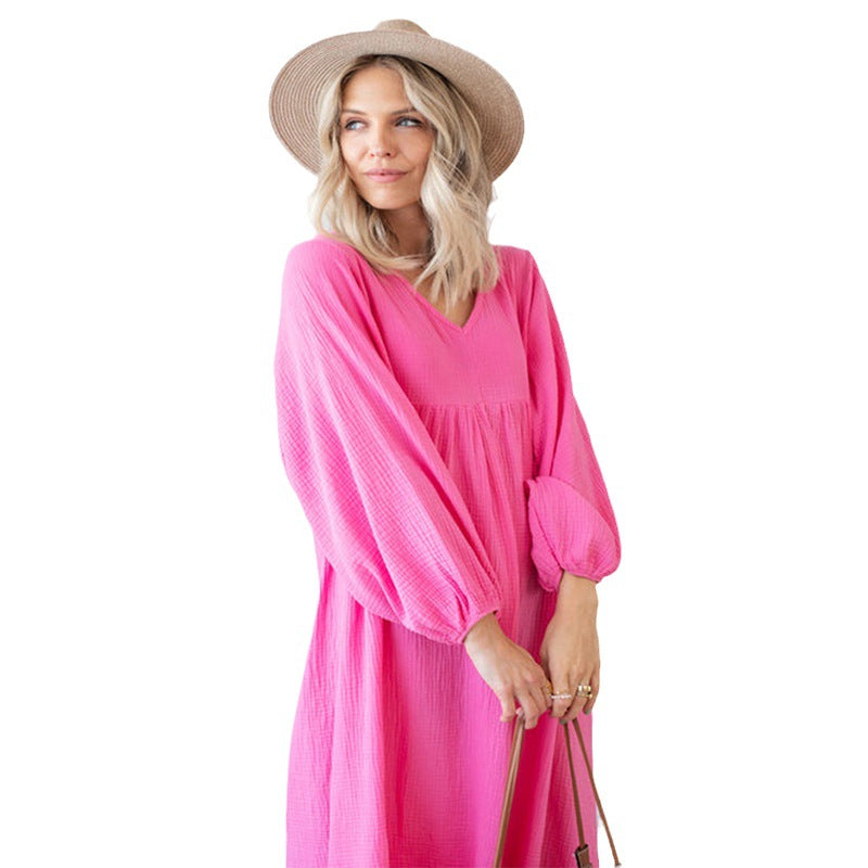 Vestido largo bohemio informal de color liso y manga larga para mujer
