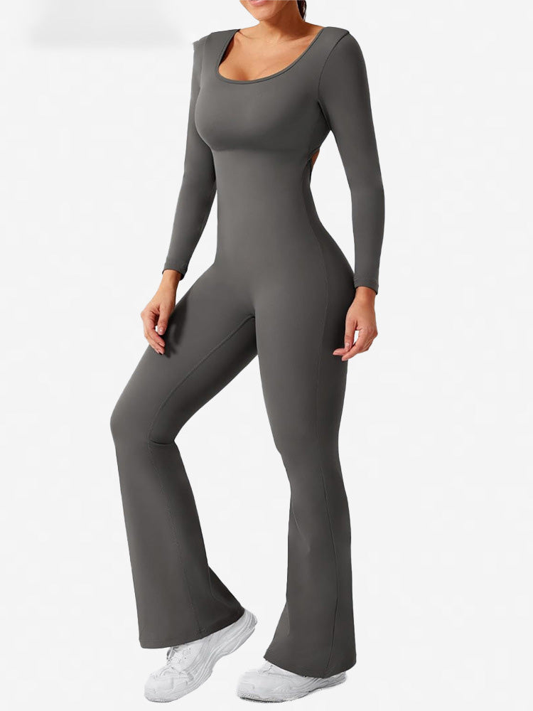 Women Fashion Casual Solid Color Square Neck Long-Sleeve Backless Jumpsuits