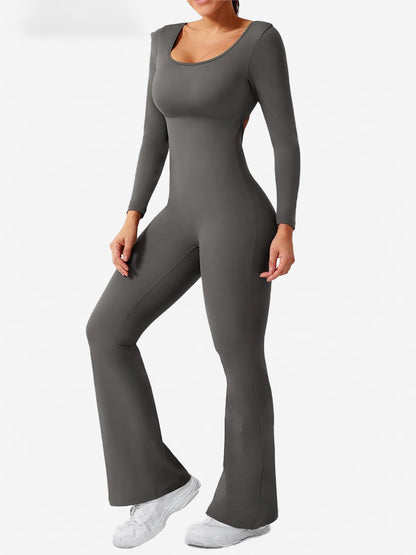Women Fashion Casual Solid Color Square Neck Long-Sleeve Backless Jumpsuits