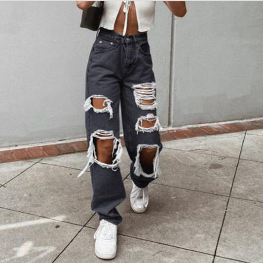 Women Fashion Casual Straight Leg Loose Ripped Jeans