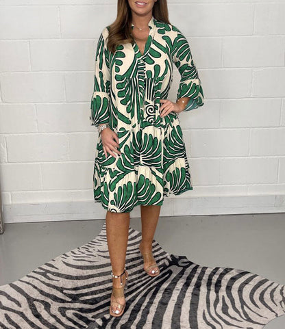 Vestido camisero holgado con cuello en V y estampado gráfico bohemio informal para mujer