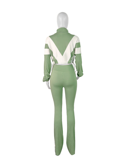 Women Athleisure Rubber Buckle Tight Waist Crop Sweatshirt Pants Set