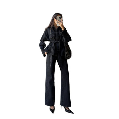 Conjunto de dos piezas de abrigo informal de mezclilla de color liso con mangas largas para mujer